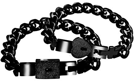2pcs Black Couples Square and Heart Lock Bracelet Bangles, His and Hers Lock and Key Matching Bracelets Set for Him and Her Y853(Black)