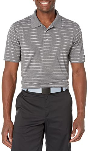 Amazon Essentials Polo da Golf a Maniche Corte Traspirante Ad Asciugatura Rapida Uomo, Grigio Medio Puntinato Bianco Righe, L