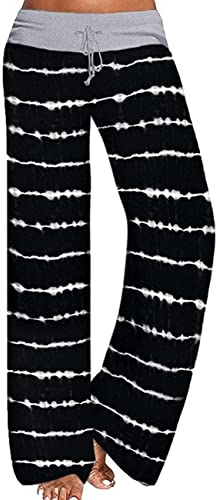 AMYTIS LINGERIE Damen Yoga-Hose Schlafanzughose weich Pyjamahose Fitness Lange Stretch Drawstring Hosen Freizeithose Strandhose Weites Bein Hose,BLACK#0625,M