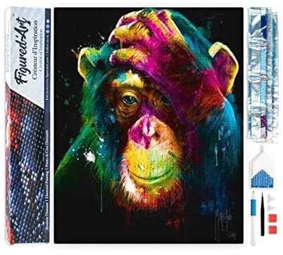 Figured’Art Diamond Painting Broderie Diamant 40x50cm Toile Entière Roulée avec Strass Perles Carrés - Singe en Couleur - Kit Complet Animaux 5D DIY Activité Manuelle Loisirs Créatifs Adultes