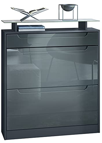 Vladon Schuhschrank Fiesta für 16 Paar Schuhe mit 2 Klappen und Glasablage, Anthrazit matt/Grau Hochglanz, Griffmulden in Grau Hochglanz (89 x 104 x 23 cm)