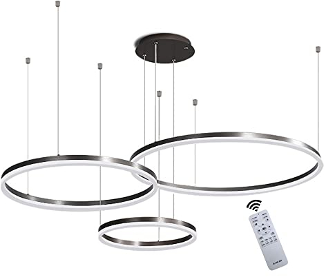 LED Pendelleuchte Modern Dimmbar Pendellampe Esstischlampe 45W 3-Ring Höhenverstellbar Hängeleuchte Schwarz Aluminium Acryl Kronleuchter mit fernbedienung Wohnzimmer Esszimmer Hängelampe 20+40+60cm