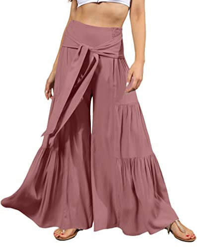 Onsoyours Pantaloni da Spiaggia Donna Boho Tinta Unita Pantaloni Larghi Estivi Eleganti Pantaloni a Vita Alta Palazzo con Cintura A Rosa Scuro L