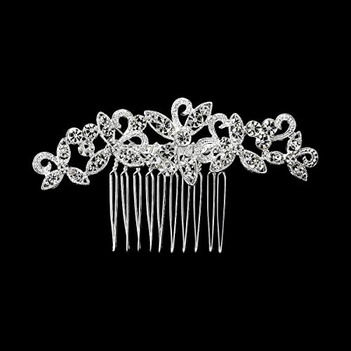 Jagowa Bridal Diamond Flower Hair Comb Clip Wedding Accessories Sparkling Hair Accessories For Women Alloy Rhinestone Hair Comb, Silver, 11.5cmx7cm, 1.0 count,Pack of 1