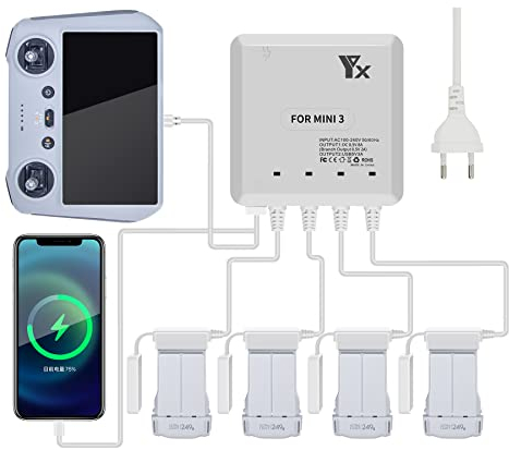 LYONGTECH Caricabatterie per DJI Mini 4/3 Pro,Mini 3 Drone, 6 in 1 Caricatore,Ricarica 4 Batterie, Stazione di Ricarica Carica Batteria Accessori