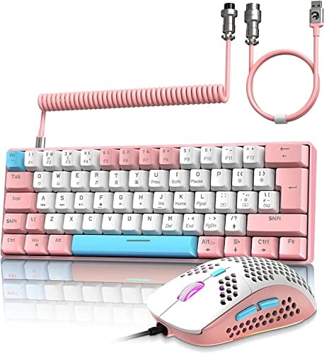ZIYOU LANG Wired Gaming Keyboard & Mouse Combo+Coiled USB C Cable T60 Pro-Compact 60% UK Layout Light Up Mechanical Keyboard Clicky Blue Switch-6400dpi Ultra-light RGB PC Mice for PC/Mac-Pink