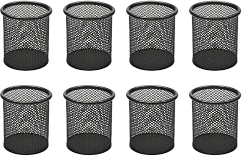 OSCO Black Wiremesh Round Pen Pot | 8 Pack | Pencil Holder | Desk Tidy | Office Organiser | Makeup Storage | Cosmetics Display | H10.4 x W9 x D9 cm