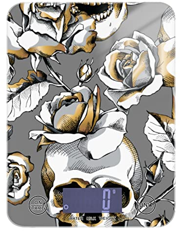 Poeticcity Seamless Gold Gray Skull Rose Flowers on Gray Tempered Glass Kitchen Scales, Digital Weight Grams and Oz Food Scales for Cooking Baking Meal Prep Home Weight Loss Health Diet