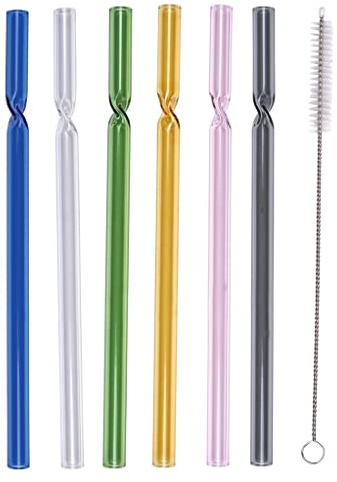 moses. Foglia & Bloom - Set di cannucce colorate in vetro infrangibile, in 6 diversi colori, con spazzola per la pulizia