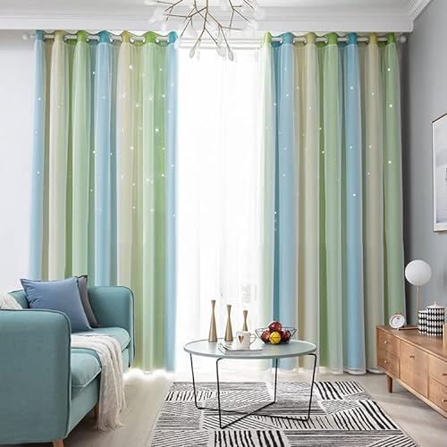Freyamy Gardinen Grün Blau Weiß Glänzend Sterne Vorhänge Blickdicht Kinderzimmer Halbtransparent H 240 X B 132cm Ösenvorhang 2er Set Mädchen Kindervorhänge Gardinen Verdunkelungsvorhang Wohnzimmer