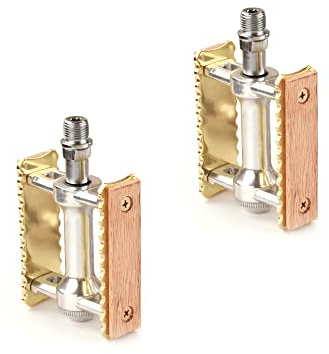 TentHome Fahrradpedalen Set Vintage Fahrrad Pedale Holz Aluminium rutschfest Bike Pedale Paar Klassische Pedals Gold