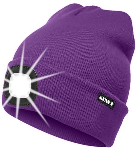 ATNKE LED Beleuchtete Mütze,Wiederaufladbare USB Laufmütze mit Licht Extrem Heller 4 LED Lampe Winter Warme Stirnlampe für Herren und Damen Geschenke/Inner Purple