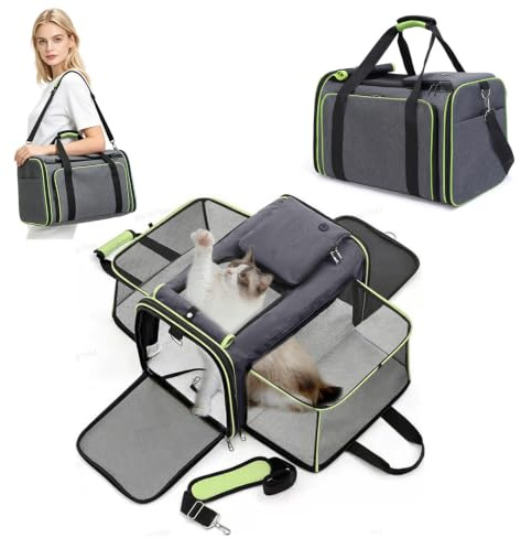 PETCUTE Faltbare Transporttasche Katze und Hund,Atmungsaktiv Katzentransportbox Hundetragetasche mit Waschbare Matte,Erweiterbare Hundetasche mit Schultergurt,Öffnung an 5 Seiten