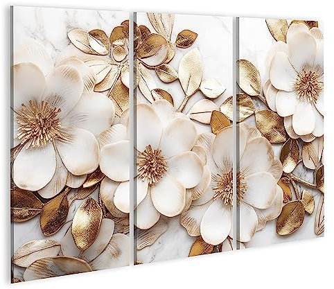 islandburner Tableau sur toile Texture Marbre Couleurs Or Blanc Fleurs Dorées Design Luxueux Papier Peint Génér Cadre Affiche Poster Murale Tableaux