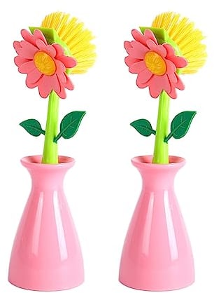 BBTISG 2 Pcs Flower Shape Cleaning Brush, Removable Handle Kitchen Bathroom Brush Creative Lovely Shape Lavatory Bowl Dish Pot Cleaning Brush with Holder (Pink)