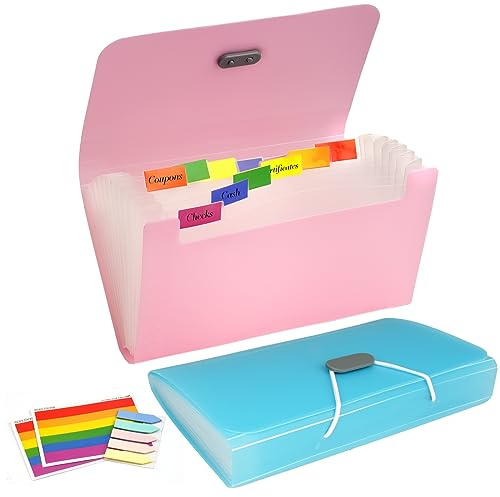 Deepton Lot de 2 chemises accordéon extensibles en plastique A6 avec 13 pochettes Bleu Rose