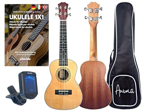ANIMA Abeta Konzert Ukulele mit Fichte‑Decke & Mahagoni‑Body – inkl. Tasche & Ukulelenschule für Einsteiger