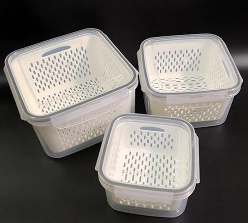MENAYODA Frischhaltedosen Obst Gemüse mit Deckel, 3er Set Kühlschrank Organizer mit Deckel Abtropfkorb, BPA frei, Stapelbar Aufbewahrungsbehälter für Obst und Gemüse (Quadrat)