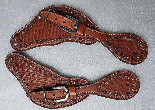 LEATHERRIDE Showmen Craft Sporenriemen aus Leder für Erwachsene, mit silbernen Nieten, Hardware und Schnalle, Hellbraun