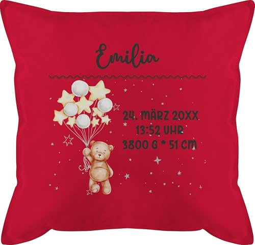 Kissen 50x50 - Geburtsgeschenk Teddy Bär Datum Uhrzeit Gewicht Größe I Geschenk zur Geburt personalisiert - 50 x 50 cm - Rot - personalisierte Geschenke Baby geburtskissen neugeboren geburtsdaten