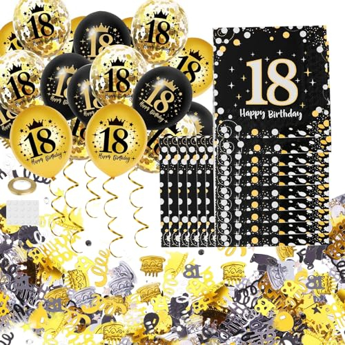 30 Stück 18 Geburtstag Servietten Schwarz Gold 18 Stück 18 Geburtstag Luftballons Konfetti Set 18 Geburtstag Dekoration für Jungen Mädchen Geburtstag Party