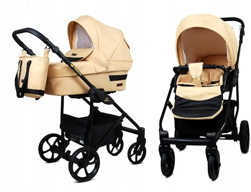 BabyLux® Kinderwagen Set 2 in 1 - Trailux - Beige - incl. Babywanne, Buggy Sportsitz - Kinderwagenset - Kombikinderwagen mit Wickeltasche, Regenschutz, Moskitonetz, Cupholder usw.