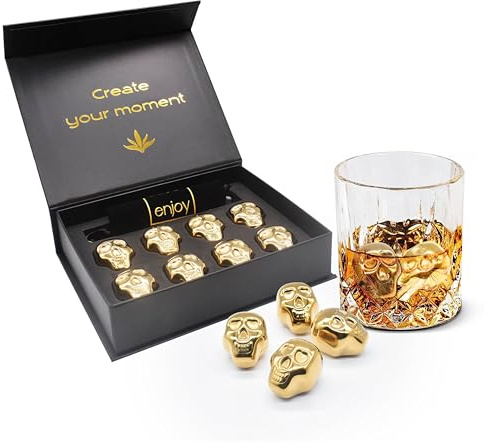 Catrinaz® Luxus Whiskey Steine - Einzigartiges Schädel-Design - Tequila Stones - Whiskey Stones - Edelstahl - Premium Qualität - 8 Stück - Goldfarbe - Eisstange - Samtbeutel - Geschenkbox
