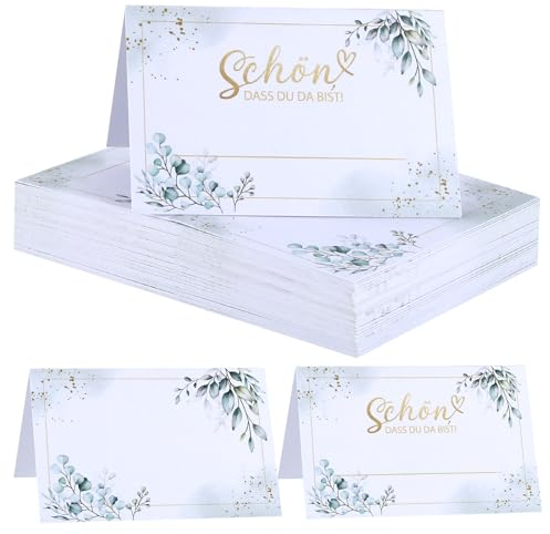 50 Stk Tischkarten Eukalyptus, Hochzeit Tischkarten, Tischdekoration Platzkarten mit Text Schön, dass du da bist, für Geburtstag, Hochzeit, Taufe, Kommunion, Konfirmation Feier Sitzplatzkarten
