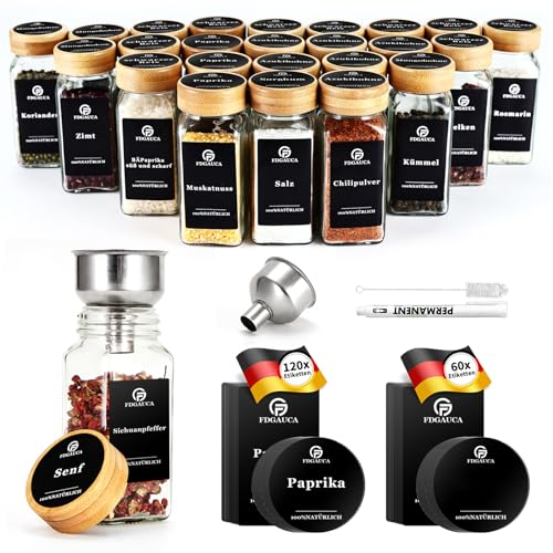 SAEIV Umweltfreundlicher Kappen aus Akazienholz Gewürzgläser Eckig -Set | 35 Gewürzdosen Mit 200 Gewürzetiketten | Perfekte Organisation Küche Gewürz Organizer | 120ml Gewürzbehälter aus Glas