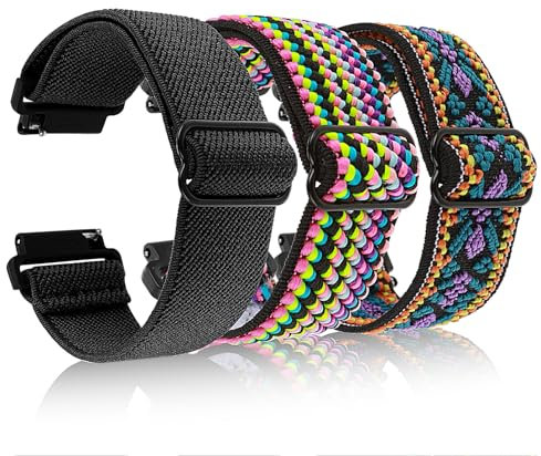 Amaxiu Cinturino in nylon elasticizzato, regolabile, sportivo, intrecciato, unisex, compatibile con smartwatch (20 mm, nero, viola, motivo floreale + strisce arcobaleno)