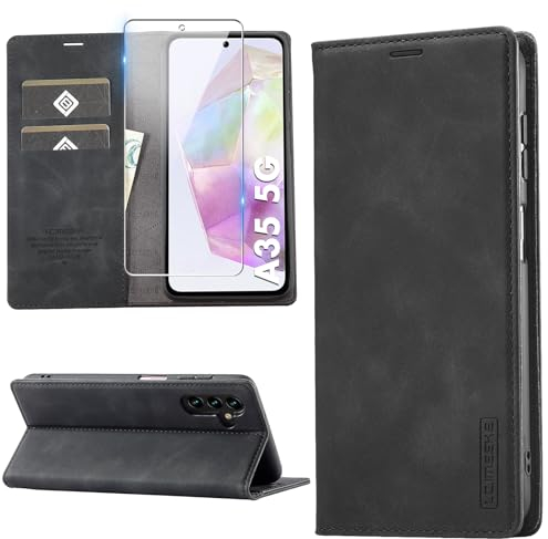 Handyhülle für Samsung Galaxy A35 5G Hülle Leder Klapphülle mit Schutzfolie, Premium PU Leder Flip Wallet Case Cover, Standfunktion Kartenfach Stoßfest Kratzfest Schutzhülle, Schwarz