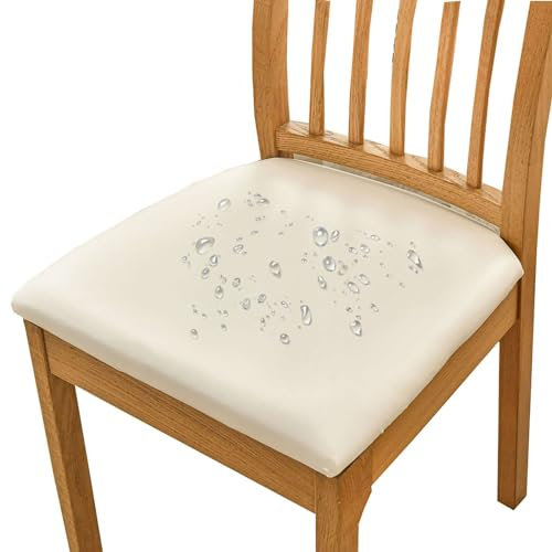 HOMECOVER Esszimmerstuhl Sitzbezüge 6er Set Wasserdicht Stuhlbezug, PU Leather Stuhlbezug Sitzfläche Abnehmbar Stretch Esszimmerstuhl Sitzbezüge Für Esszimmerstühle-6er Set-Cremeweiß