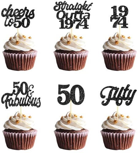 Teselife Tortendeko 50 Geburtstag Frau Mann, 24 Stück Glitzer Schwarz 50. Geburtstag Cupcake Topper Geburtstagsdeko von 1974 für 50er Geburtstag Party Torten Kuchen Deko