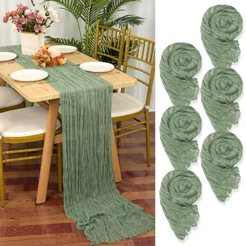 6 Stück Seihtuch Tischläufer Salbeigrün,55 x 300 cm Grün Rustikaler Gaze Stoff Boho Tischläufer Käsetuch Cheesecloth Tischläufer Hochzeit Tischdecke für Hochzeitsfeier Brautparty Tischdekoration
