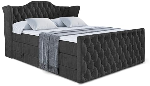 ALTDECOR Boxspringbett mit Matratze und Lattenrost, Topper, Fußteil,Polsterbett mit Bettkasten, Bett mit Stauraum H3- und H4- Matratze, Doppelbett - Vila-Z King - 200x200 - Schwarz Samt