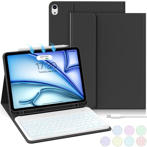 aoub Hülle mit Tastatur für iPad Air 11 Zoll 2025 M3/2024 M2, Kompatibel mit iPad Air 7./6./ 5./ 4. Generation 2022/2020 10,9 Zoll, 7 Farbige Beleuchtete Tastatur mit Hülle, Schwarz