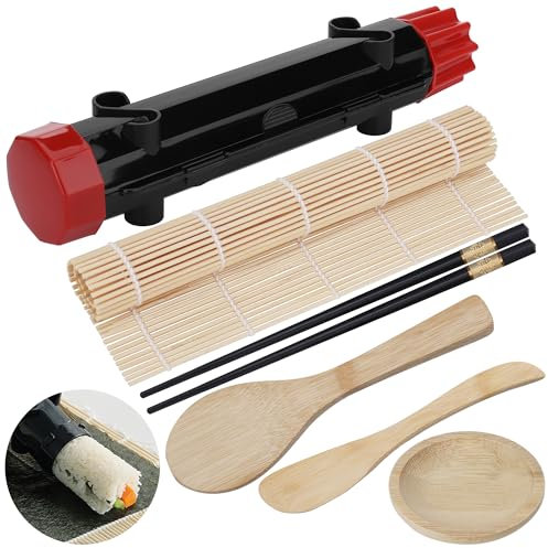 Kssvzz 6 Pcs Sushi Making Kit, Multifunctional Sushi Maker with Sushi Rolling Mat, Sushi Bazooka, Chopsticks, Paddle, Spreader, Sauce Dish, Make Your Own Sushi at Home, Portable Sushi Kit for Picnic