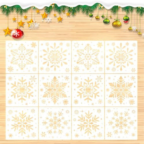 Lot de 12 pochoirs de peinture de Noël en forme de flocons de neige pour décoration de Noël, décoration de vacances, bricolage (20 x 20 cm)