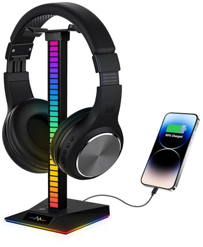 worahroe Headset Halterung Gaming RGB Kopfhörer Ständer, Sprachgesteuerter Pickup Kopfhörerständer, mit 1 USB 2.0 Anschlüssen, 1 Typ-C und 3.5mm AUX Kopfhörer Halter für Gamer PC Schreibtisch Zubehör