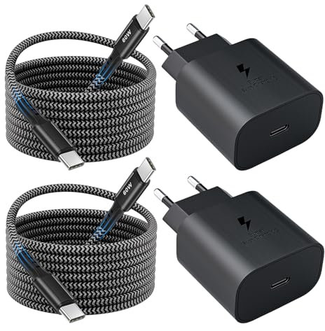 2er-Pack 25W USB C Ladegerät, Schnellladegerät Netzteil Super Fast Charger mit 2 m PD Schnellladekabel Nylon Typ C Ladekabel für Samsung Galaxy S25 S24 S23 S22 S21 S20 Ultra S10 A56 A55 5g A35 A16