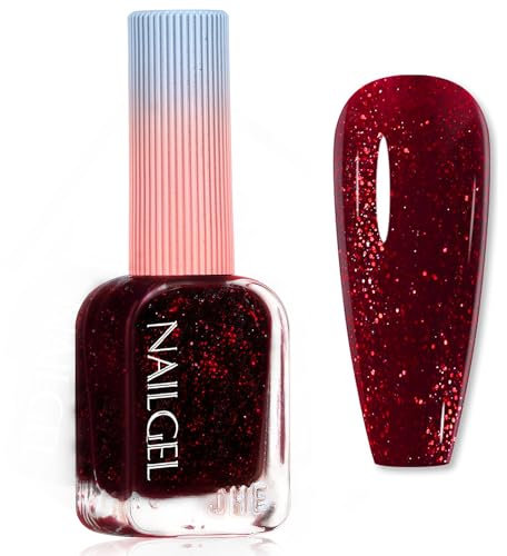Red Glitter Nail Polish - Deep Red Nail Polish - Quick Dry Sparkly nail Varnish - Shimmer Rose Red Nail polish No Bake - Wine red nail Polish Long Last for Women Christmas Manicure