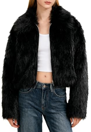 Amazhiyu Cappotto di pelliccia da donna, giacca in pelliccia sintetica, cappotto di pelliccia, cappotto corto, cappotto invernale, finta pelliccia con cerniera e tasche
