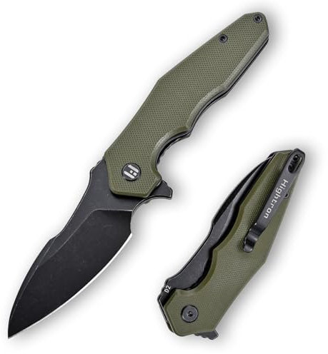 Hightron MINI VENTURA Klappbares Taschenmesser,Flipper-Taschenmesser für EDC,7.24CM Stonewashed D2-Klinge plus G10-Griff,Deep-Carry-Taschenclip-Klappmesser für den Alltag,Camping, Angeln,Grün-B