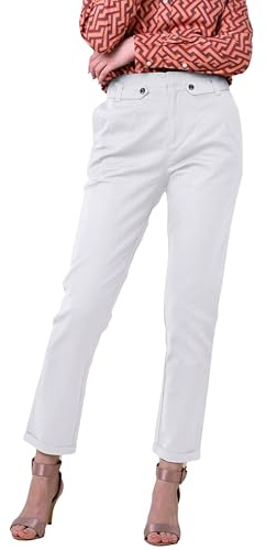 Enorsia Womens Tapered Leg Trousers - Adjustable Waist with Metal Popper Trendy Waist Belt Concealed Fly Front Fastening (16, White)