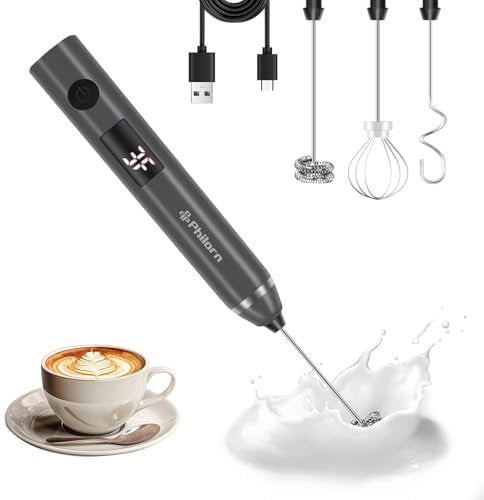 Philorn Rechargeable Handheld Milk Frother with Battery Indicator & 2 Whisks - Electric Coffee Whisk, Cappuccino Mixer, Hot Chocolate Frother for Barista-Style Drinks