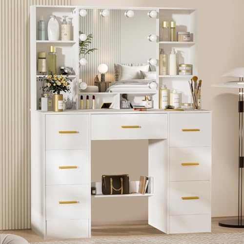 Saimeihome Schminktisch mit LED-Beleuchtung und Spiegel, 3 dimmbare Lichtfarben | Kosmetiktisch mit 7 Schubladen 8 Fächern, 100x40x140 cm Makeup Tisch für Schlafzimmer Mädchenzimmer