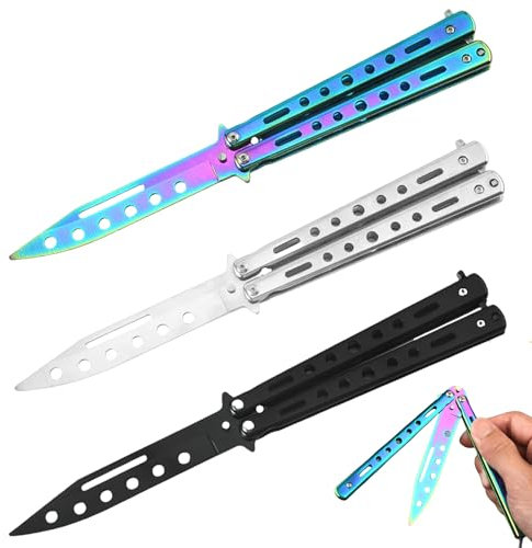 GAOUTO Butterfly Trainer, 3 Stück Butterfly Messer zum Üben Ungeschärfte Klinge Übungs Kamm Edelstahl für Trainingsmesser Anfänger Flipping Tricks üBt (Schwarz + Silber + Farbe)