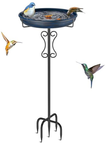 Ouinis Vogeltränke aus Metall für den Außenbereich, verbesserte Vogeltränke mit 5 Zinken, freistehende Vogelfutterstation für Garten, Terrasse, Hof, Rasen (Vintage-Blau)