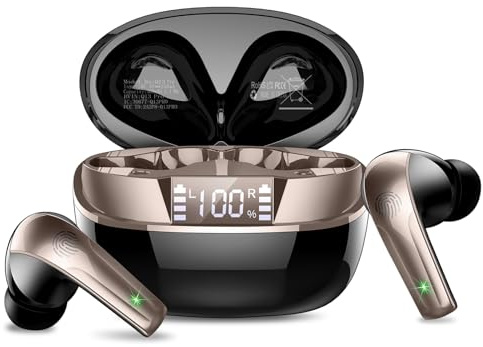 ZHINDVIS Bluetooth Kopfhörer, HiFi Stereo Tiefbass, Kopfhörer Kabellos Bluetooth In Ear, Touch Control, ENC Noise Cancelling Mic Ohrhörer, Spielzeit, Anzeige, wasserdichte Earbuds, Schwarzes Gold
