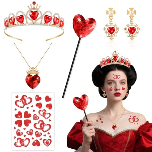 Herzkönigin Kostüm Zubehör Damen Mädchen, Herz Königin Krone Haarreif Ohrringe Kartenspiel Rotes Herz Halskette Zauberstab Gesichtstattoo, Herzkönigin Accessoires für Halloween Karneval Cosplay Party